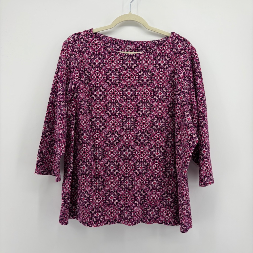 Croft & Barrow Womens 2X Purple Medallion Boatneck Tee 3/4 Sleeve Cotton Top